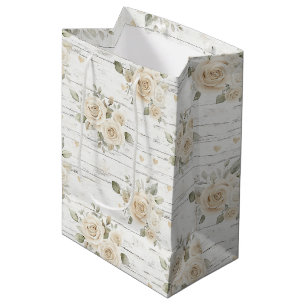 Sac Cadeau Moyen Baigne de Mariage Bohème aux Fleurs Blanches Crème