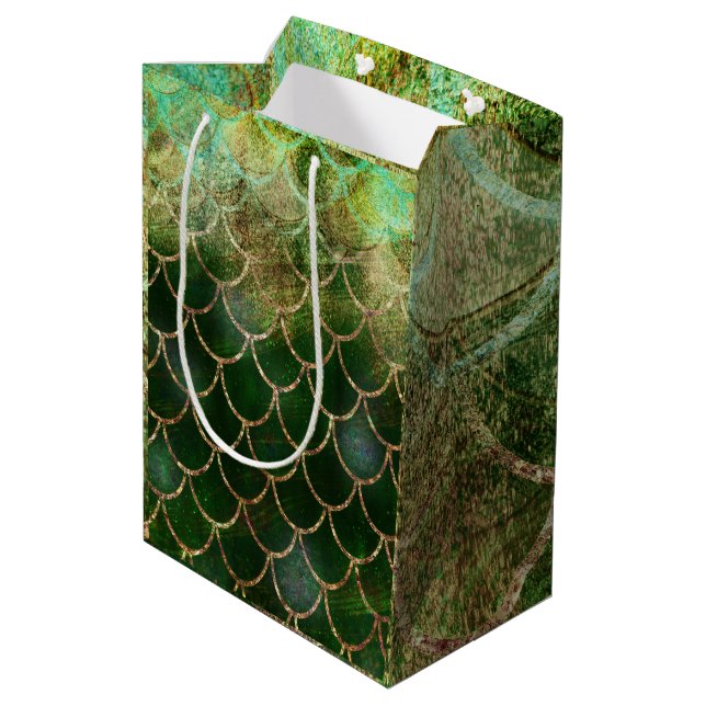 Sac Cadeau Moyen Balances de poissons de sirène vert et or (Dos Angle)