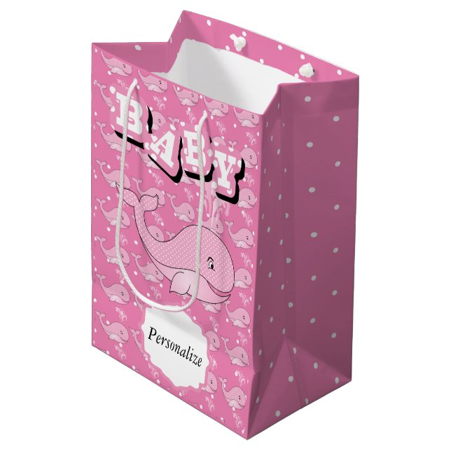 Sac Cadeau Moyen Baleine pointillée par polka rose de bébé (Devant Angle)