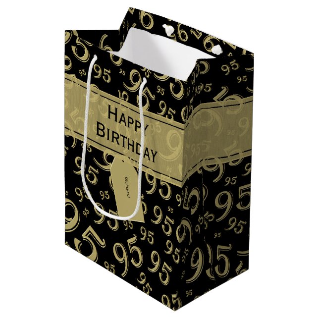 Sac Cadeau Moyen Balise cadeau Anniversaire 95 Numéro Motif Noir/Or (Devant Angle)