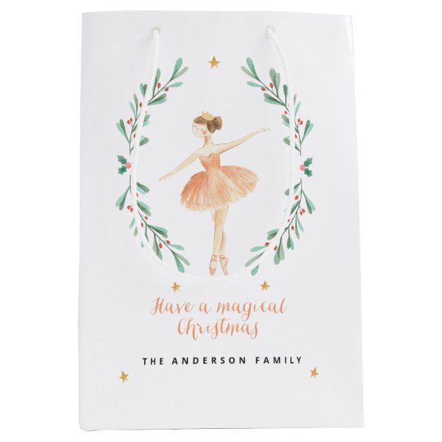 Sac Cadeau Moyen ballerine aquarelle botanique joli Noël (Devant)