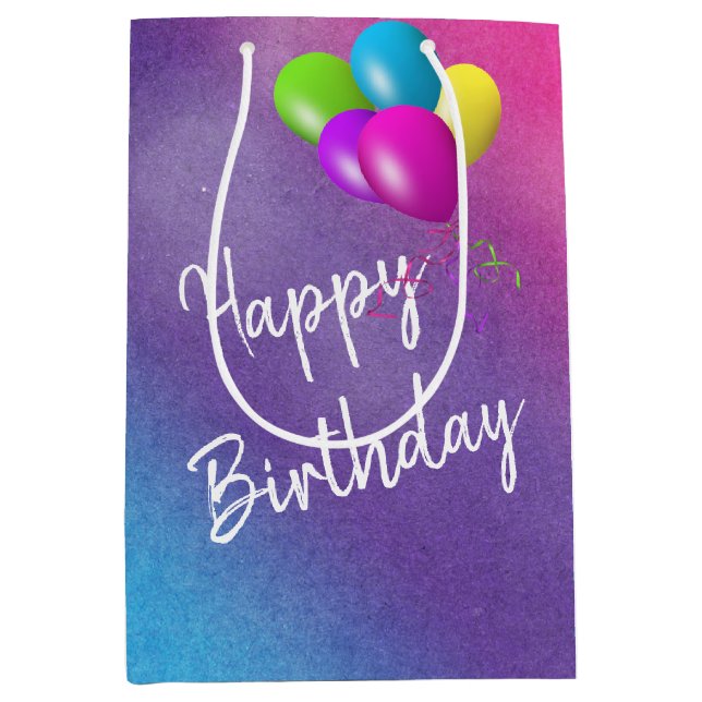 Sac Cadeau Moyen Ballons D'Anniversaire Sur Aquarelle Arc-En-Ciel (Devant)