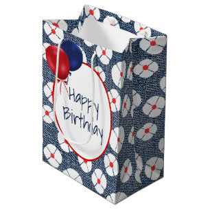 Sac Cadeau Moyen Ballons d'anniversaire sur Denim Floral Moyen Cade