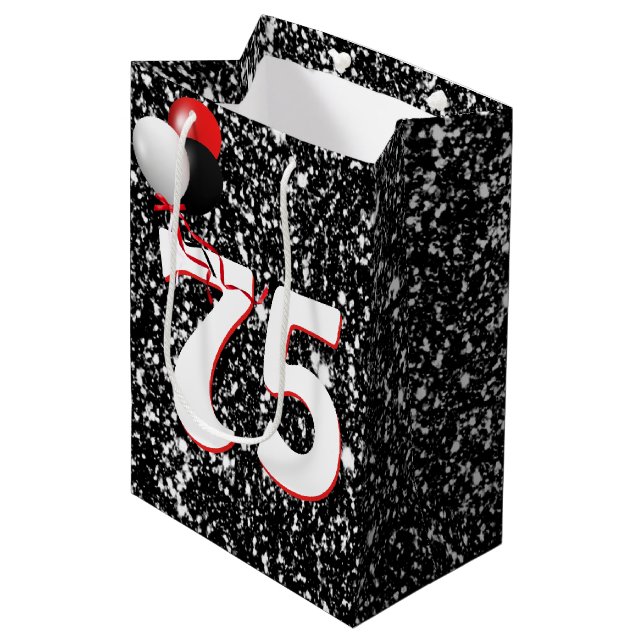 Sac Cadeau Moyen Ballons pour 75e anniversaire sur paillettes noire (Devant Angle)