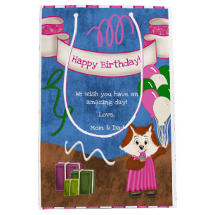 Sac Cadeau Moyen Ballons Robe Rose Renard Cute Joyeux Anniversaire