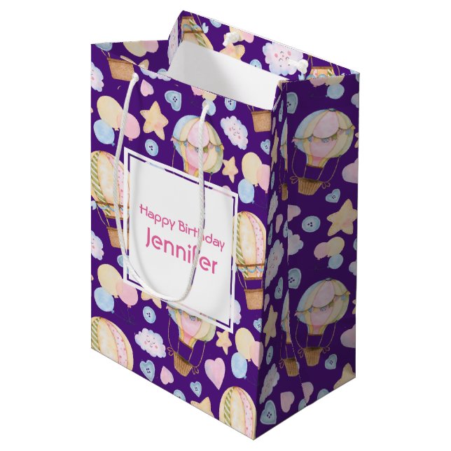 Sac Cadeau Moyen Balloon à air chaud mignon Aquarelle Motif Anniver (Devant Angle)