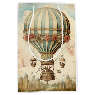 Sac Cadeau Moyen Balloon à air chaud vintage Floral Bleu