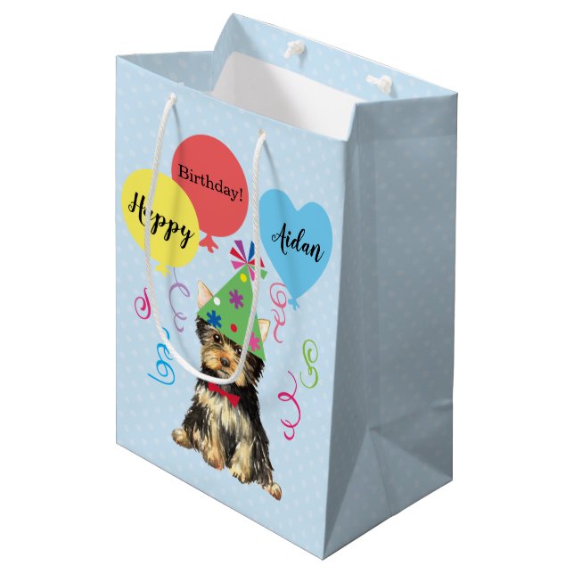 Sac Cadeau Moyen Balloons de fête d'anniversaire Yorkie (Devant Angle)