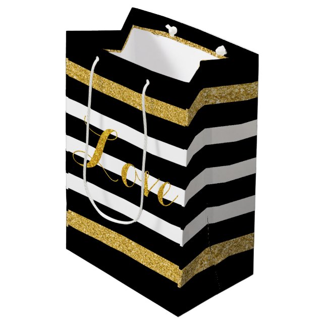 Sac Cadeau Moyen Bandes de Parties scintillant Black & Gold moderne (Devant Angle)