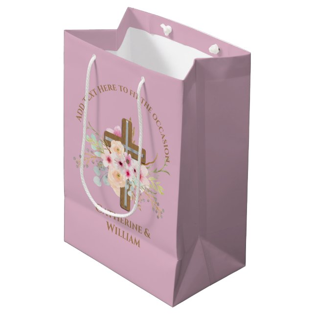 Sac Cadeau Moyen Baptême personnalisé et croix florale (Devant Angle)