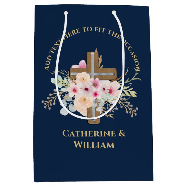 Sac Cadeau Moyen Baptême personnalisé et croix florale (Devant)