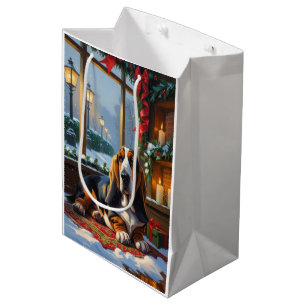 Sac Cadeau Moyen Basset Hound avec lumières de Noël Vacances