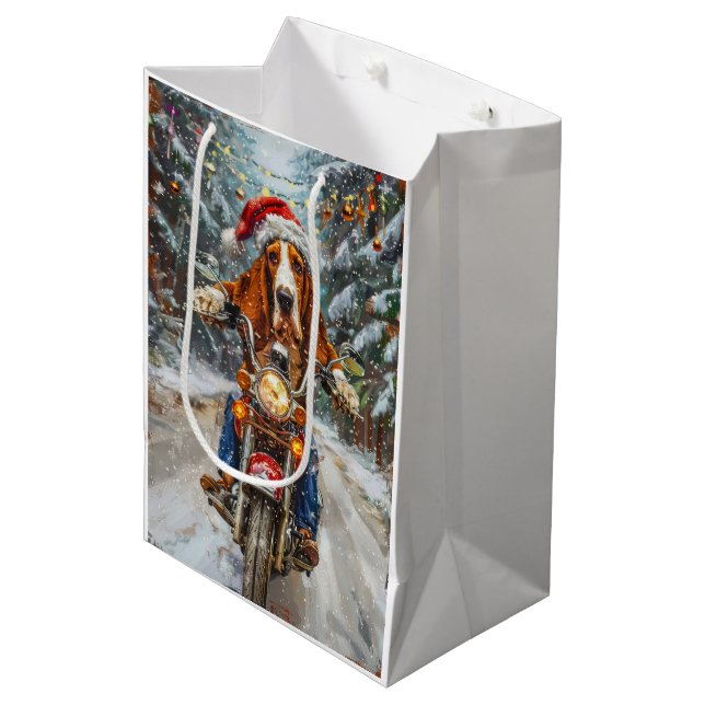 Sac Cadeau Moyen Basset Hound Chien équitation Moto Noël (Devant Angle)