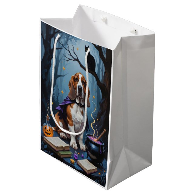 Sac Cadeau Moyen Basset Hound Chien Whimsical Halloween Peinture (Devant Angle)