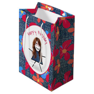 Sac Cadeau Moyen Bâton d'anniversaire fille et marguerites sur Deni