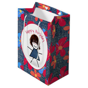 Sac Cadeau Moyen Bâton d'anniversaire fille et marguerites sur Deni