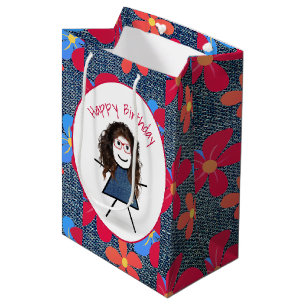 Sac Cadeau Moyen Bâton d'anniversaire fille et marguerites sur Deni