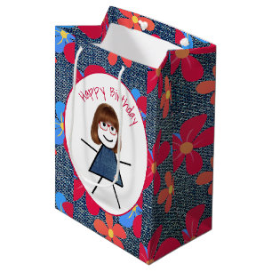 Sac Cadeau Moyen Bâton d'anniversaire fille et marguerites sur Deni