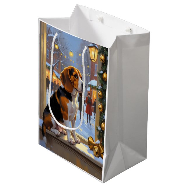Sac Cadeau Moyen Beagle avec lumières de Noël vacances (Devant Angle)