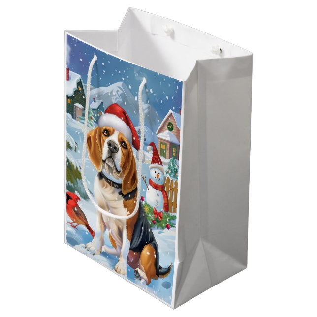 Sac Cadeau Moyen Beagle Chien Winter Wonderland Noël Joie (Devant Angle)