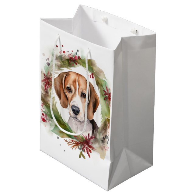 Sac Cadeau Moyen Beagle Noël Wreath Festive Pup (Devant Angle)