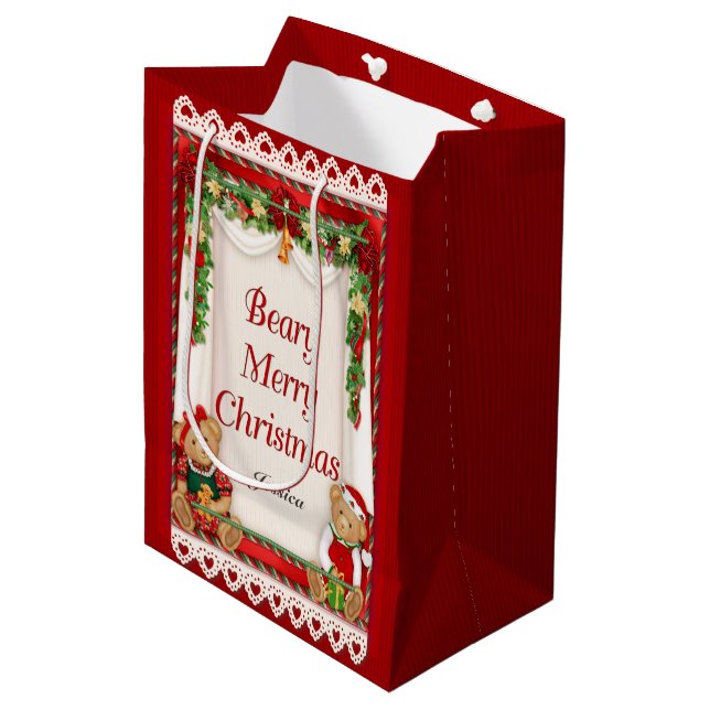 Sac Cadeau Moyen Beary Joyeux Noël - Nom de la Personnaliser (Devant Angle)