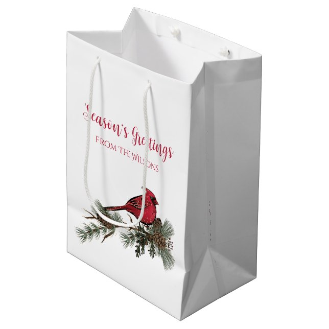Sac Cadeau Moyen Beau Cardinal Rouge En Fête Noël (Devant Angle)