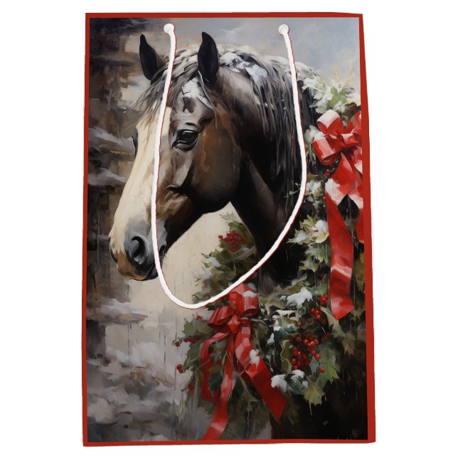 Sac Cadeau Moyen Beau Cheval avec Wreath hiver Noël (Devant)