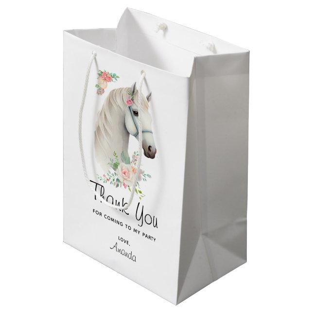 Sac Cadeau Moyen Beau Cheval Blanc Boho Merci Floral (Devant Angle)