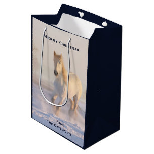 Sac Cadeau Moyen Beau Cheval blanc dans la neige Photo Noël