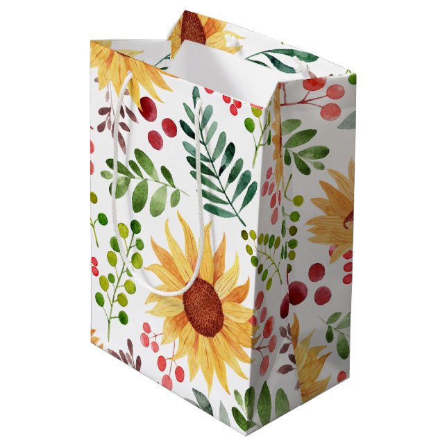 Sac Cadeau Moyen Beau tournesol et baies Aquarelle  (Dos Angle)