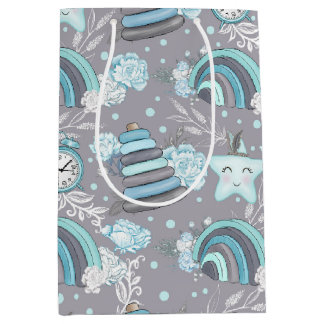 SAC CADEAU MOYEN BÉBÉ BLANC BLEU PASTEL