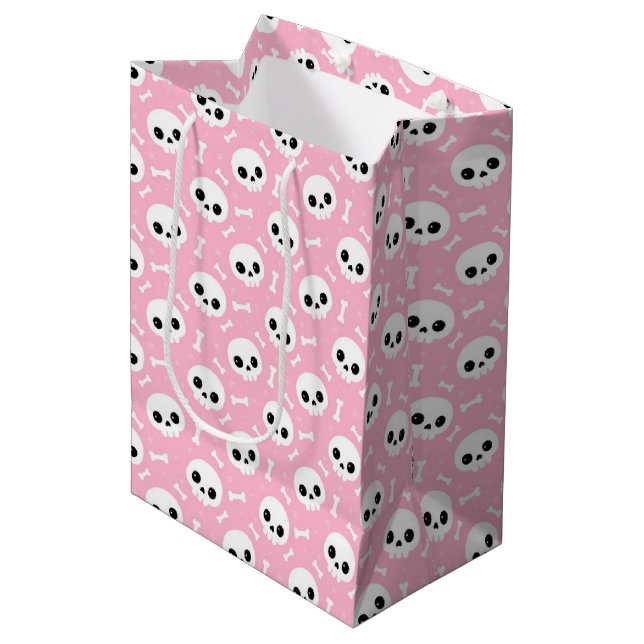 Sac Cadeau Moyen Bébé Mignon Crâne Rose et Os Motif Halloween (Devant Angle)