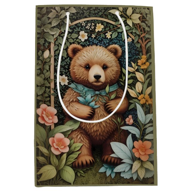 Sac Cadeau Moyen Bébé mignon Ours Brown William Morris Inspiré (Devant)