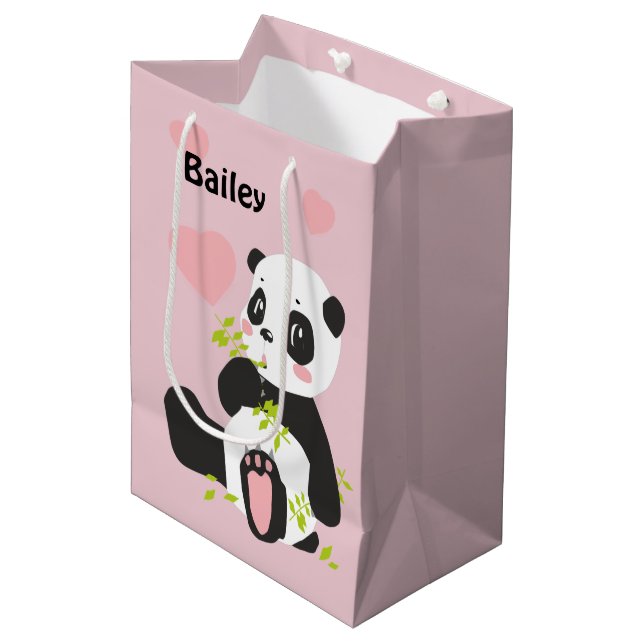 Sac Cadeau Moyen Bébé Panda Ours Rose Coeurs Personnalisé (Devant Angle)