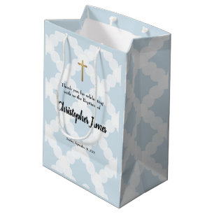 Sac Cadeau Moyen Bébé personnalisé garçon baptême Croix d'or bleu