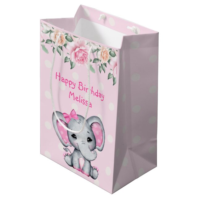 Sac Cadeau Moyen Bébé rose mignon éléphant et frontière Rose (Devant Angle)