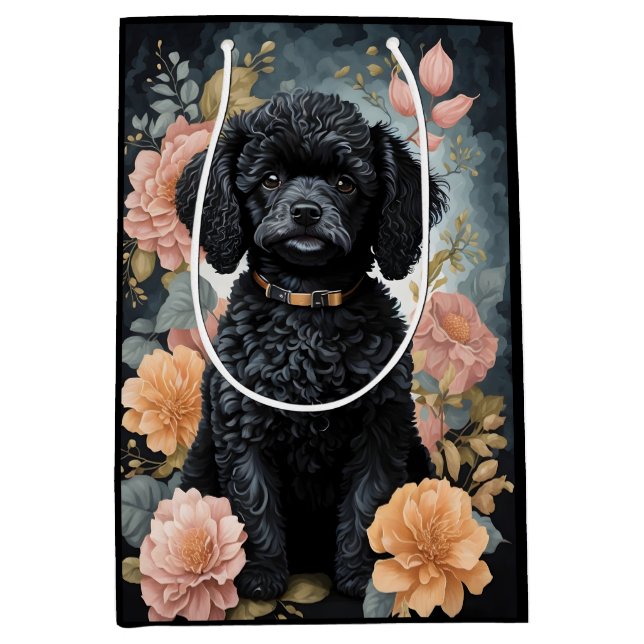 Sac Cadeau Moyen Bébés mignons animaux | Joli chiot de caniche noir (Devant)