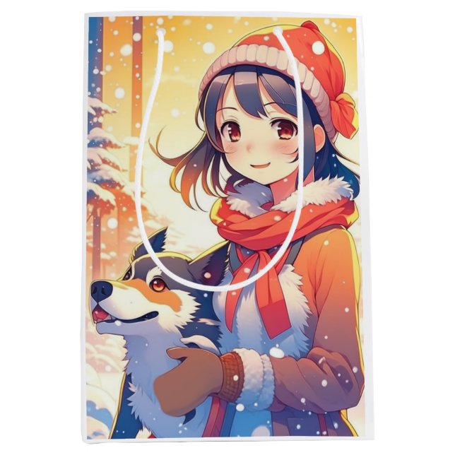 Sac Cadeau Moyen Belle Anime Girl avec Husky Dog Noël (Devant)