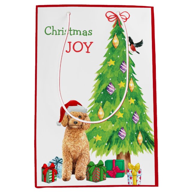 Sac Cadeau Moyen Belle Apricot Poodle Santa Chapeau et Arbre de Noë (Devant)