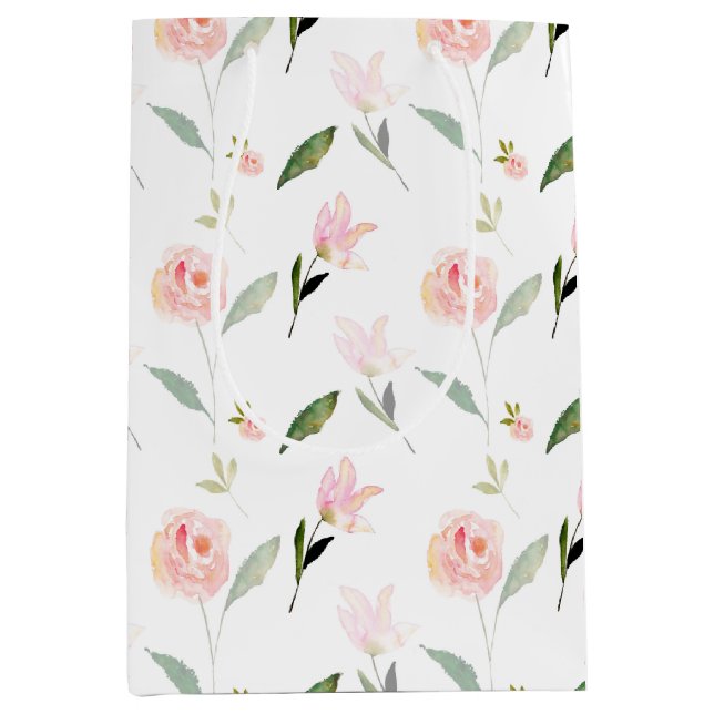 Sac Cadeau Moyen Belle aquarelle rose florale (Devant)