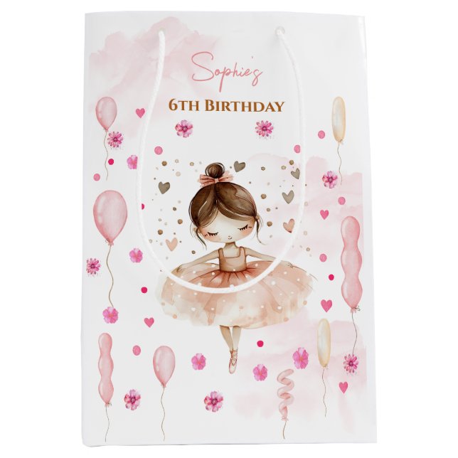 Sac Cadeau Moyen Belle ballerine rose et ballons anniversaire (Devant)