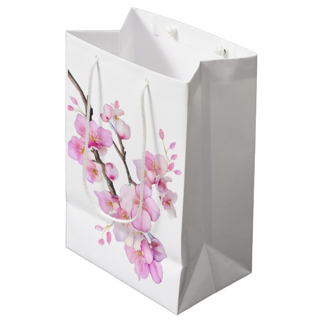 Sac Cadeau Moyen Belle couleur rose cerise Sakura fleurs (Devant Angle)