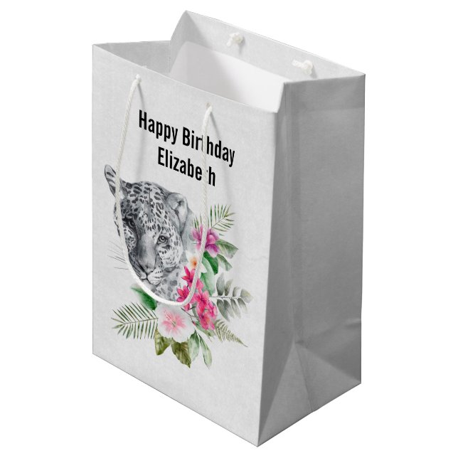 Sac Cadeau Moyen Belle Tête de léopard en aquarelle Anniversaire (Devant Angle)
