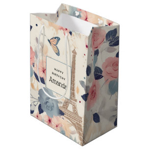 Sac Cadeau Moyen Belles Fleurs et Tour Eiffel Paris Anniversaire