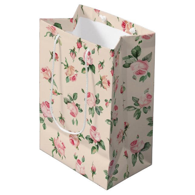 Sac Cadeau Moyen Belles Roses Fleurs Roses Fête de Mariage (Devant Angle)