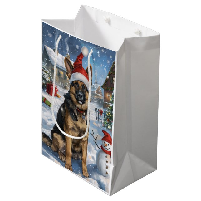 Sac Cadeau Moyen berger allemand hiver Wonderland Noël Joie (Devant Angle)