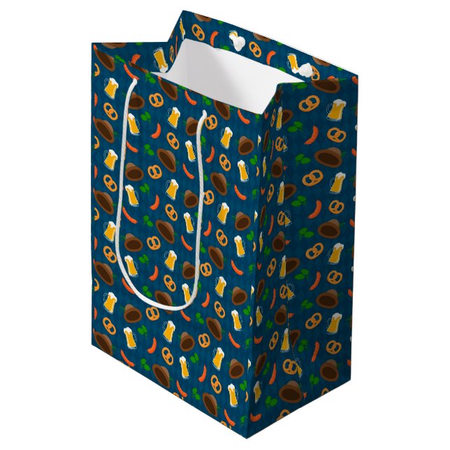 Sac Cadeau Moyen Bière Oktoberfest, Motif Pretzel & Saucisson (Devant Angle)