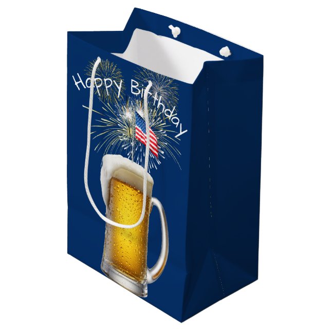 Sac Cadeau Moyen Bière Patriotique Anniversaire avec Sparklers (Devant Angle)