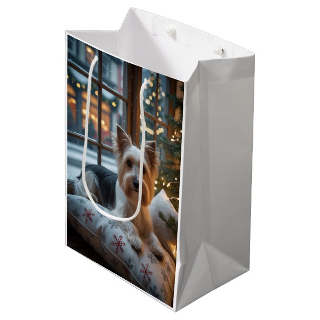 Sac Cadeau Moyen Biewer Terrier With Christmas Lights Holiday (Devant Angle)
